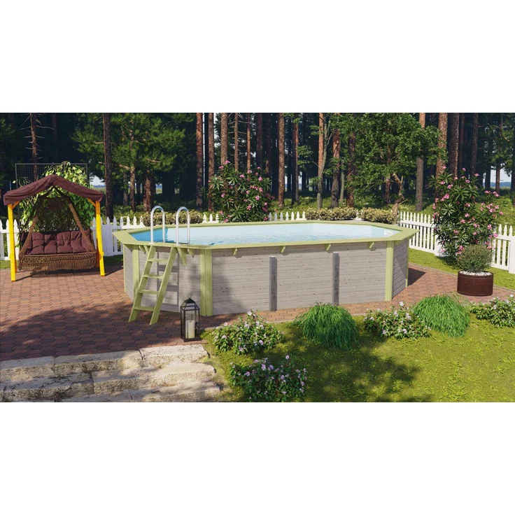 Achteck-Pool X4 400x611 cm Holz wassergrau, Set mit Filter+Skimmer, Karibu