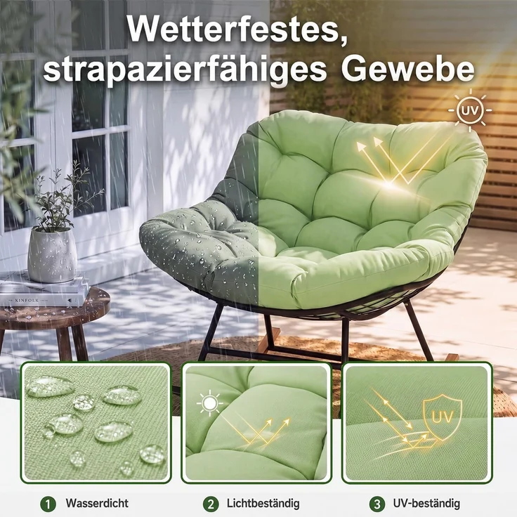 Aoxun Schaukelstuhl Outdoor,Schaukelsessel für Indoor,Relaxsessel Garten,92.5x 104x77.5cm, Wetterfester Gartenstuhl Bequem,bis 150KG, Grün – Bild 3