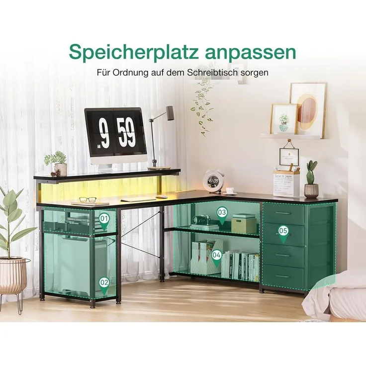 ODK Eckschreibtisch LED 2 Steckdosen 2 USB Ladeanschluss 155x110cm Schwarz – Bild 7