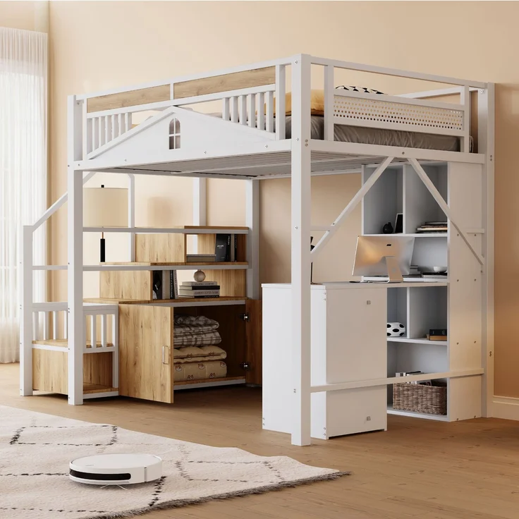 EINHOM Metall-Hochbett 140 x 200 cm, Einzigartiges Sicherheitsgehäuse mit Fenster, Sicherheitsleiter mit Spind, Weiß (Ohne Matratze) – Bild 4