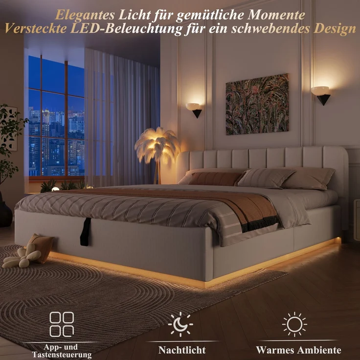 Polsterbett, Doppelbett, 180 x 200 cm, Bett mit Lattenrost, Kopfteil, Gepolstertes Kopfteil, Hydraulische Lagerung, Mit LED-Lichtleiste, Ohne Matratze, Beige Chenille – Bild 5