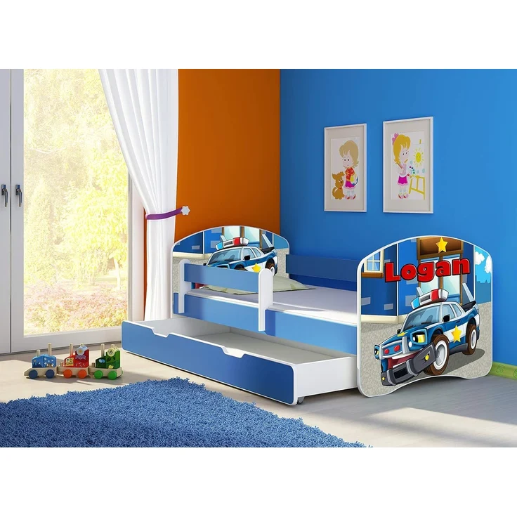 ACMA Kinderbett Jugendbett mit Einer Schublade und Matratze Blau mit Rausfallschutz Lattenrost II 140x70 160x80 180x80 (38 Polizei, 180x80 + Bettkasten) – Bild 4