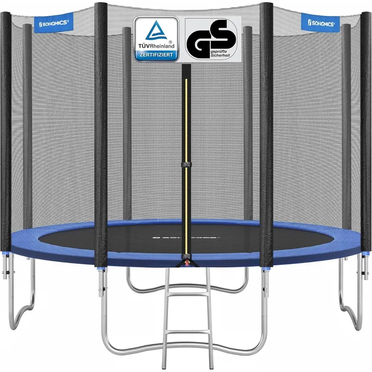 Songmics Trampolin mit Sicherheitsnetz, Leiter und gepolsterten Stangen, schwarz-blau, Ø 305 cm