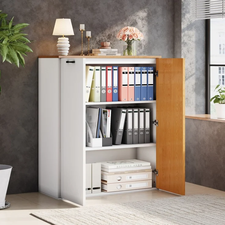 Aktenschrank 80x40x110 cm aus MDF – Weiß und Eichenholzoptik, mit Lamellenfront und Soft-Close – Bild 3
