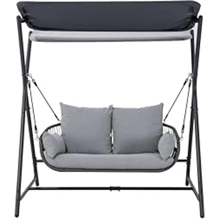 LECO Hollywoodschaukel 2-Sitzer MARIE, zwei verstellbare Sonnendächer, Stahlrohrgestell anthrazit, Graue Polsterauflagen, 171x130x173 cm – Bild 2