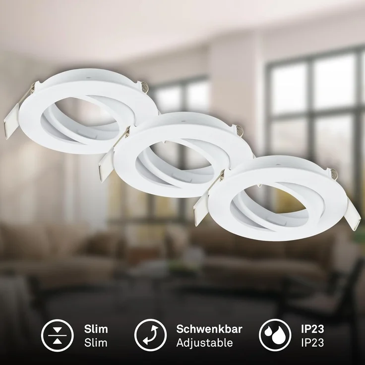 BRILONER - 3er Set Einbaustrahler 230V flach, schwenkbar, GU10, max. 7W, Spot, Deckenspots, Spots 230V, Einbauleuchten, Einbauspots, Deckenstrahler, 68mm Lochmass, 8x2,2 cm, Weiß – Bild 2