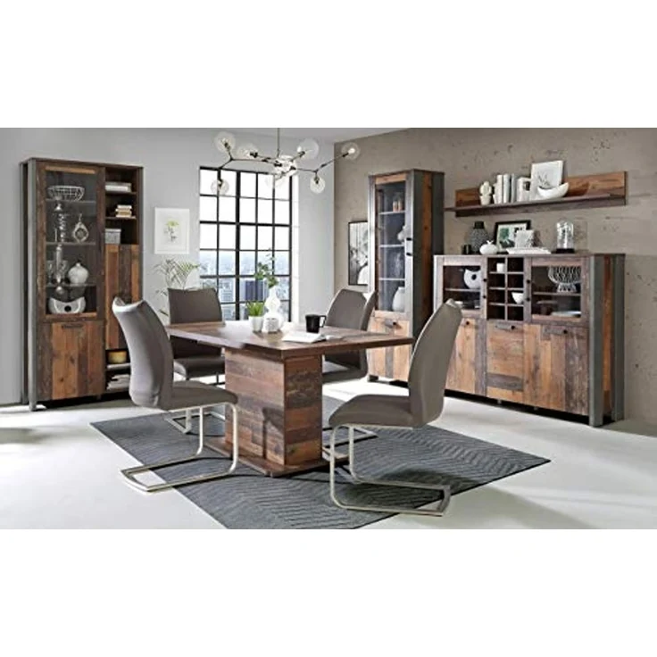 Forte Clif Esstisch ausziehbar, Holzwerkstoff, Old-Wood Vintage 160-200 x 76,6 x 90 cm & Clif Kommode mit 3 Türen und 2 Schubkästen, Dunkelgrau, 156,4 x 86,3 x 41,6 cm – Bild 2