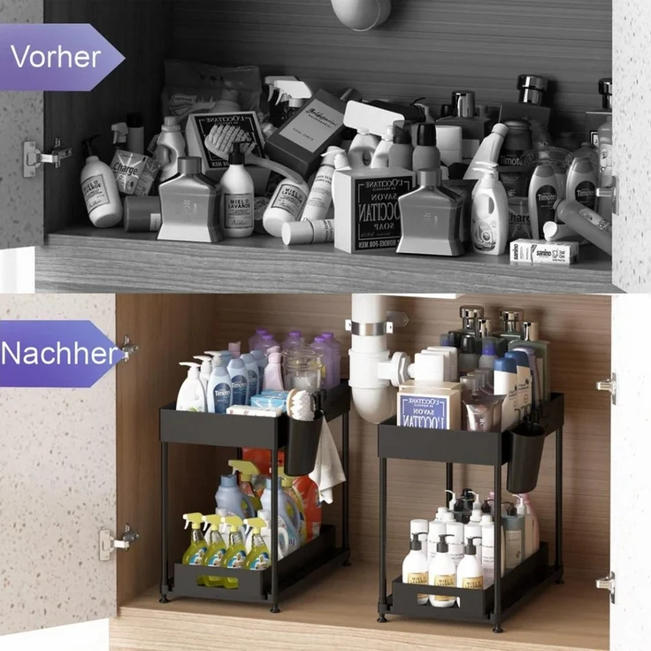 Refined Living Ablageregal Waschbecken Regal, Küchenschrank Organizer, Spülschrankregal Organizer, Lagerregal mit 2 Ebenen, mit Schiebeschublade, 4 Haken und 1 TassenSpülschrank Organizer, 2-tlg, Unter Waschbecken Regal,Arbeitsplatte Regal mit Schiebes... – Bild 2