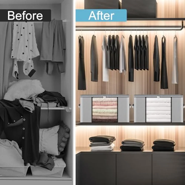 GoMaihe 90L Aufbewahrungstasche 10 Stück, Aufbewahrungsbox mit Deckel Groß Verstärkte Griffe, Kleidung Umzugskartons für Bettdecken, Unterbett Aufbewahrung Kleiderschrank Boxen Organizer Grau – Bild 4