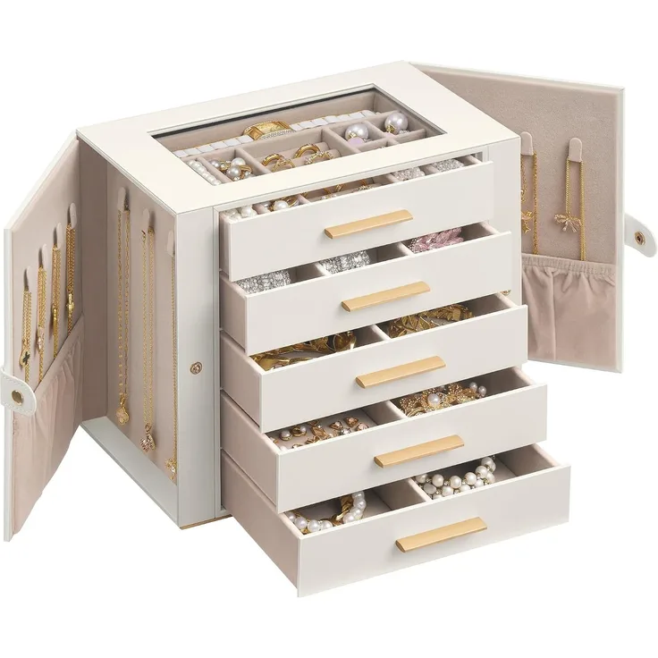 SONGMICS Großer Schmuckkasten mit 5 Ebenen und Glasdeckel für Ketten 26,1 x 15,6 x 22,2 cm Weiß und Beige