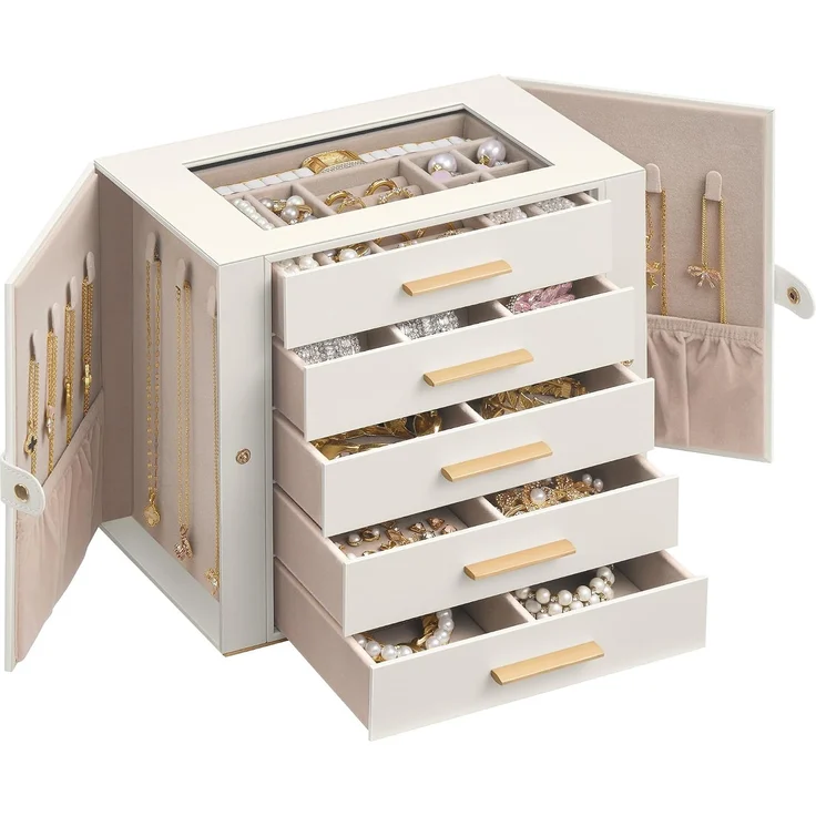 SONGMICS Großer Schmuckkasten mit 5 Ebenen und Glasdeckel für Ketten 26,1 x 15,6 x 22,2 cm Weiß und Beige – Bild 1