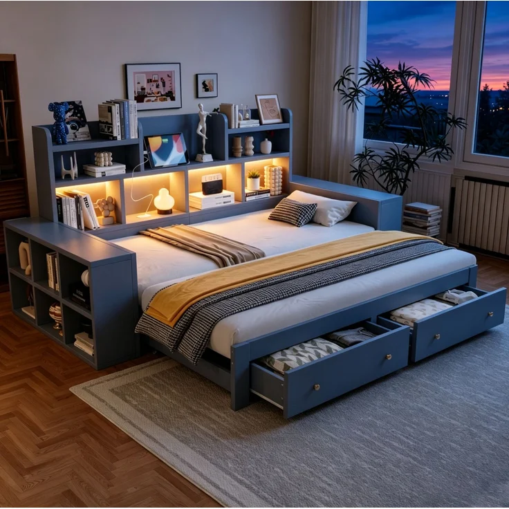 CHICFURN Ausziehbett aus MDF Grau 90/180x200 cm mit Stauraum und LED-Beleuchtung – Bild 5