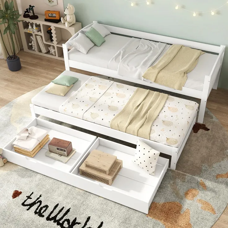 Einzelbett mit Gästebett, Lattenrost und 2 Schubladen, 90x200 cm, Massivholzbett, Jugendbett, Kinderbett