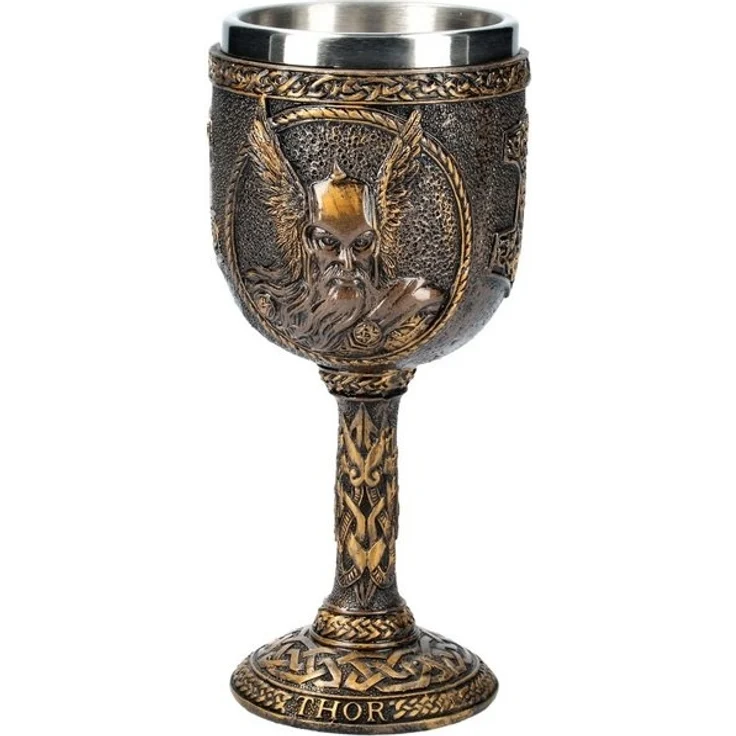 Figuren Shop GmbH Becher Wikinger Kelch - Nordischer Gott Thor - Dekoration Götter, Kunststein (Polyresin), Edelstahl – Bild 3