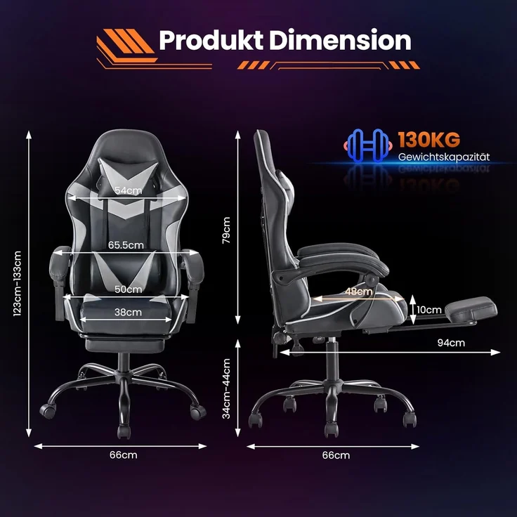 Sweetcrispy Gaming Stuhl, Gaming Chair mit Fußstütze Kopfstütze Lendenwirbelstütze, Ergonomischer PC Stuhl, Höhenverstellbarer Bürostuhl Computerstuhl, Gamer Stuhl, Drehbarer Schreibtischstuhl, Weiß – Bild 3