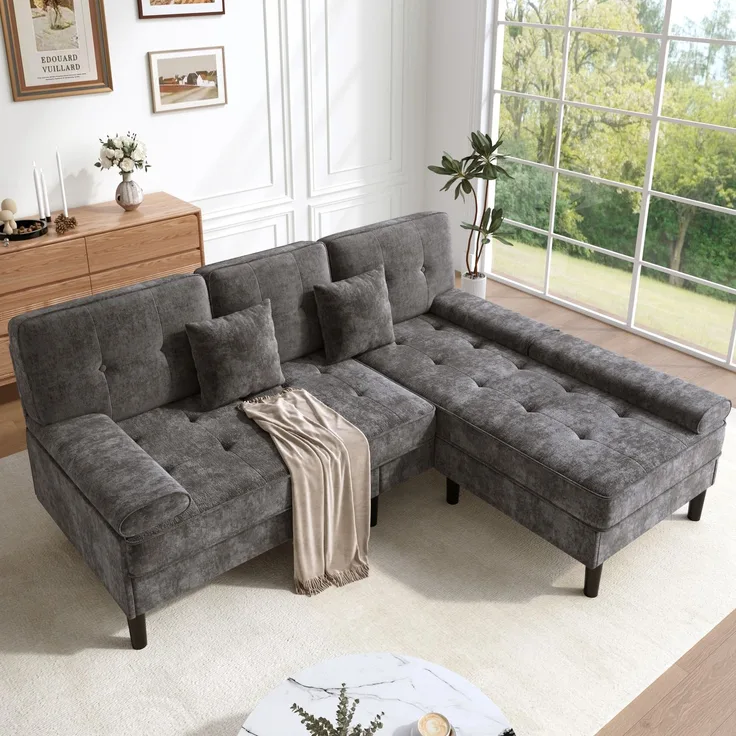 EINHOM örmiges modulares Design]Chenille-L-Form-Ecksofa, dreisitziges Wohnzimmer-Multifunktions-Chaiselongen-Sofa mit Schlaffunktion, bewegliche Fußbank, 195 cm Breite, ideal für Apartment