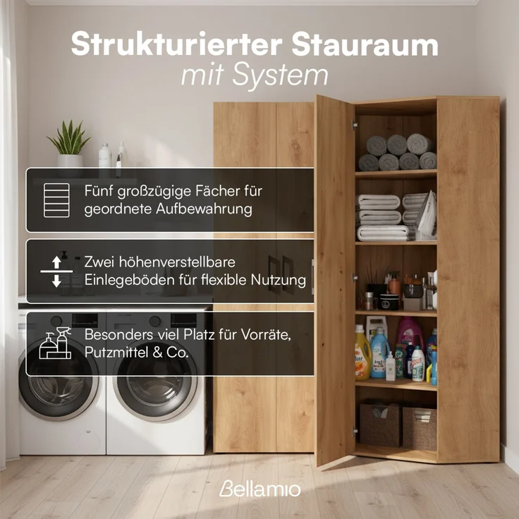 Bellamio 'Apol' Eckschrank, Eichenoptik, 176x63x63 cm, Mehrzweckschrank mit 5 Fächern, inkl. 2 verstellbaren Einlegeböden – Bild 3