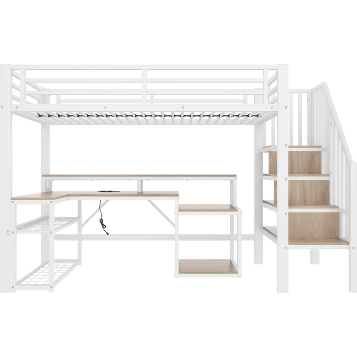 U-life Hochbett 90x200 cm, Eisenrahmen, Ablagefach, Treppenkonstruktionen, Sicherheitsgeländer, Metall, Weiß – Bild 9