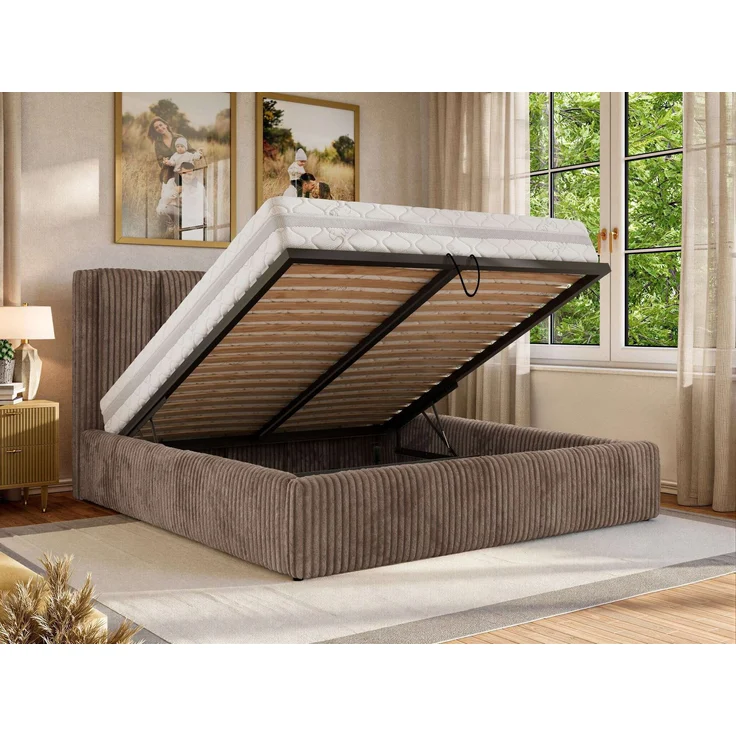 Polsterbett SAVINO CLASSIC mit Bettkasten und Lattenrost Doppelbett 180 x 200 cm mit hohem Kopfteil Stauraumbett Bett mit Gasdruckfeder - Braun Cord - Foam Matratze - MIRO LUX – Bild 4