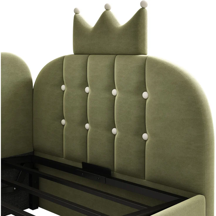 Merax Einzelbett 90x190 cm, Kinderbett, Polsterbett, Daybett, Tagesbett-Schlafsofa mit Stauraum (hydraulisch), Gästebett L-Form Samt, Grün – Bild 7