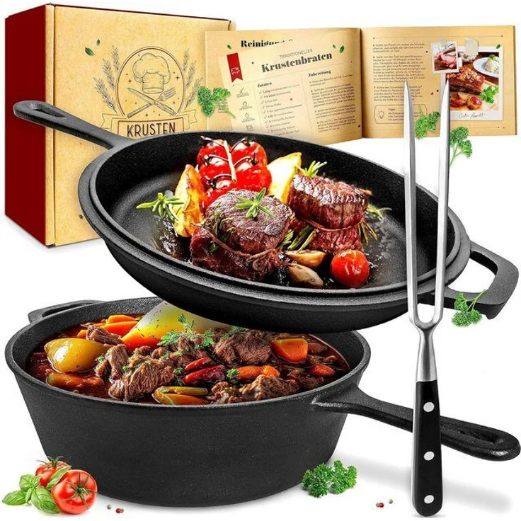 Krustenzauber Schmortopf Gusseisen Topf [inkl. Fleischgabel] -, (Robuster 26cm Gusseisen Bräter mit Deckel Backofengeeignet, Ideal als Schmortopf Induktion, Dutch Oven Set, Kazan, Cast Iron Pot) – Bild 4