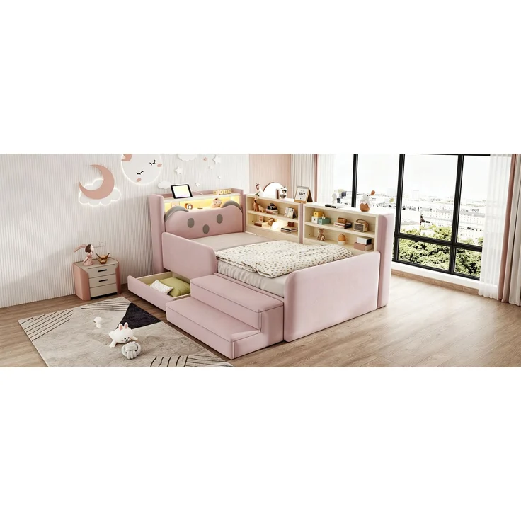 ZUBALIYA Polsterbett, mit Schubladen, mit Stauraum, mit LED-Beleuchtung, mit USB-Anschluss, inklusive Lattenrost, Liegefläche 90 × 200 cm, H 85 × T 218 × B 108.5 cm, Rosa, Samt – Bild 9