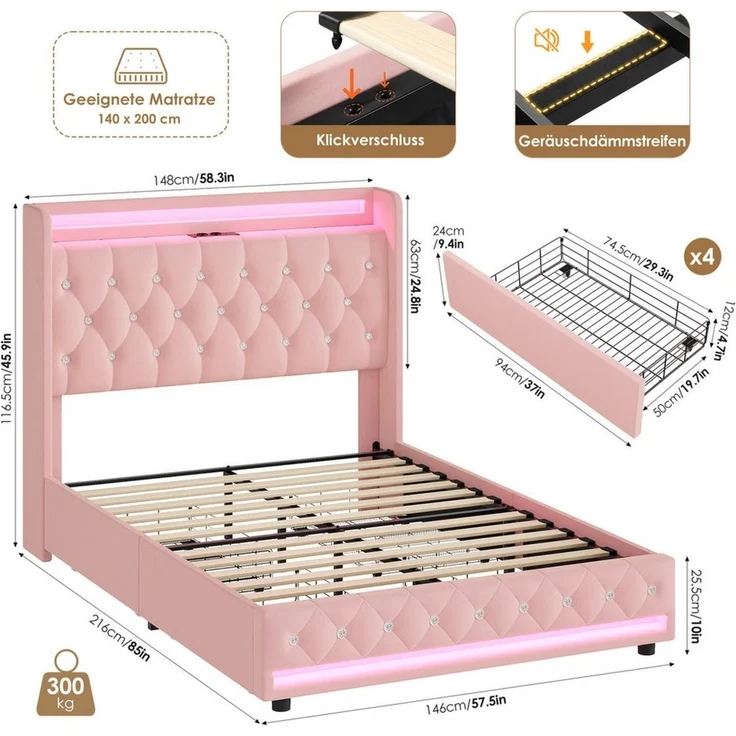 Homfa Polsterbett Doppelbett 140x200 Stauraumbett, mit Ladefunktion und 4 Schubladen, LED-Beleuchtung, Samt Rosa – Bild 2