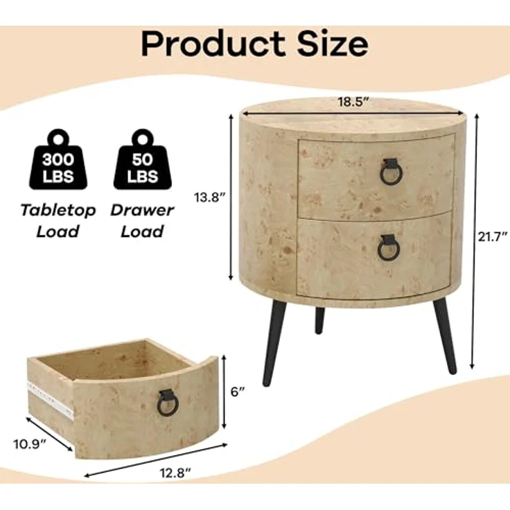 GarveeLife Sofa-Enden, runder Nachttisch mit Schubladen, Beistelltisch, Holz, 2 Schubladen, für Schlafzimmer, Wohnzimmer, 47 x 47 x 55 cm – Bild 2