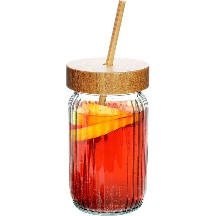 Excellent Houseware Trinkglas mit Deckel Bamboo 500 ml 88598876