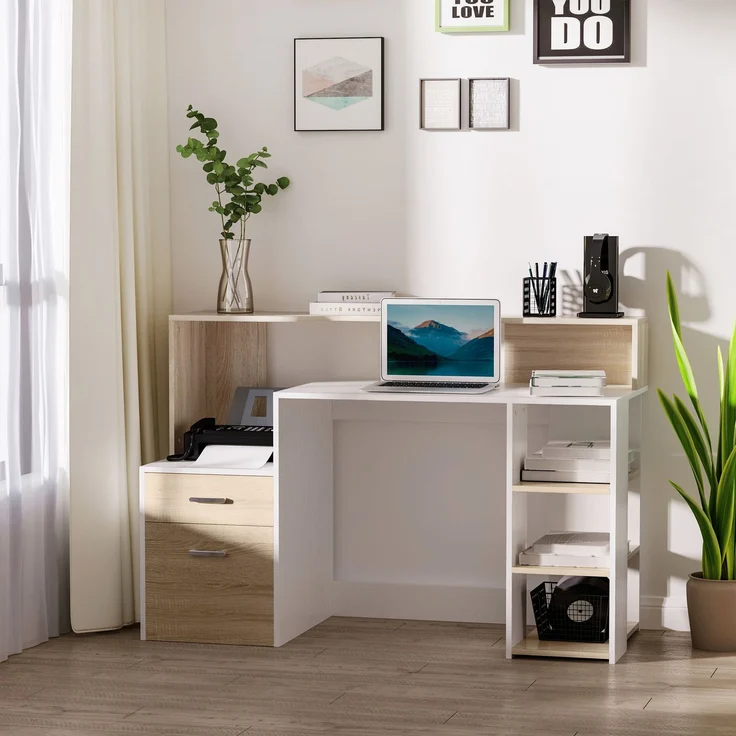 Computerschreibtisch mit 2 Schubladen, Schreibtisch mit Stauraum, 137 x 55 x 92 cm, offene Regale und Ablage – Bild 4
