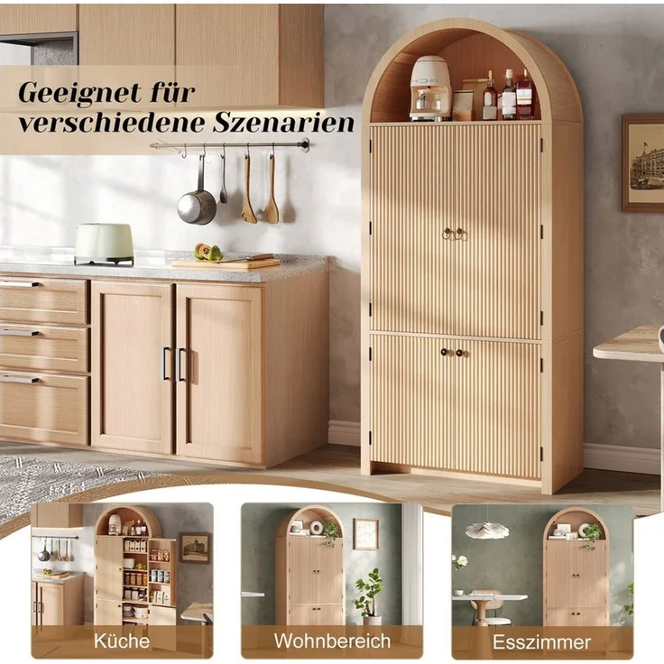 HAUSS SPOLE Hochschrank für Küche & Esszimmer,Bogenschrank Küchenschrank mit Türablagen,Natur (Aufbewahrungsschrank Highboard 180×80×40cm für Wohnzimmer oder Esszimmer) Wohnzimmerschrank mit offenem Oberfach,Vintage-Optik – Bild 4