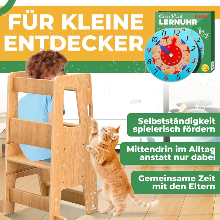 KIDIZ® Lernturm für Kinder ab 1 Jahr inkl. Lernuhr | 3-stufig Höhenverstellbarer Tritthocker aus Kiefernholz | spielerisch motorische Fähigkeiten fördern Montessori Learning Tower bis 50 kg belastbar Hellbraun – Bild 3