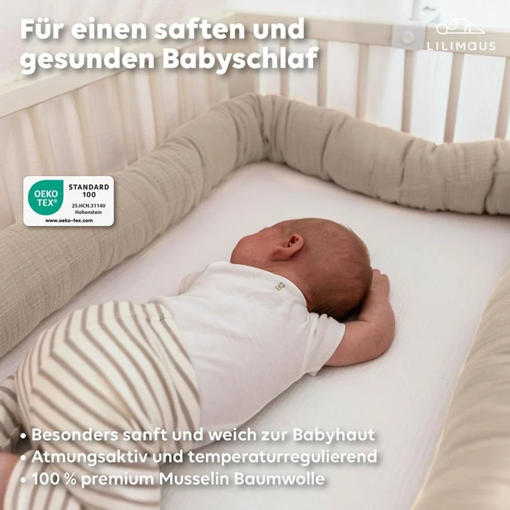 lilimaus Spannbettlaken Musselin Bettlaken Baby 60x120 & 70x140 mit Rundum-Gummizug, (1 Stück), weicher Musselin mit Rundum-Gummizug - sicherer Halt im Babybett – Bild 2