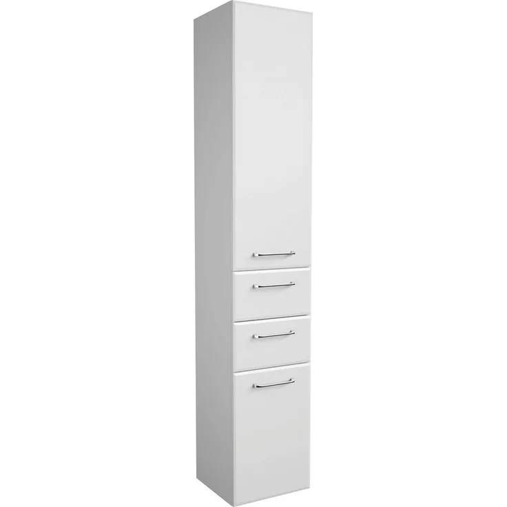Saphir Hochschrank Quickset Badschrank 35 cm breit, 2 Türen, 2 Schubladen, 3 Einlegeböden Badezimmer-Hochschrank inkl. Türdämpfer, Griffe in Chrom glänzend