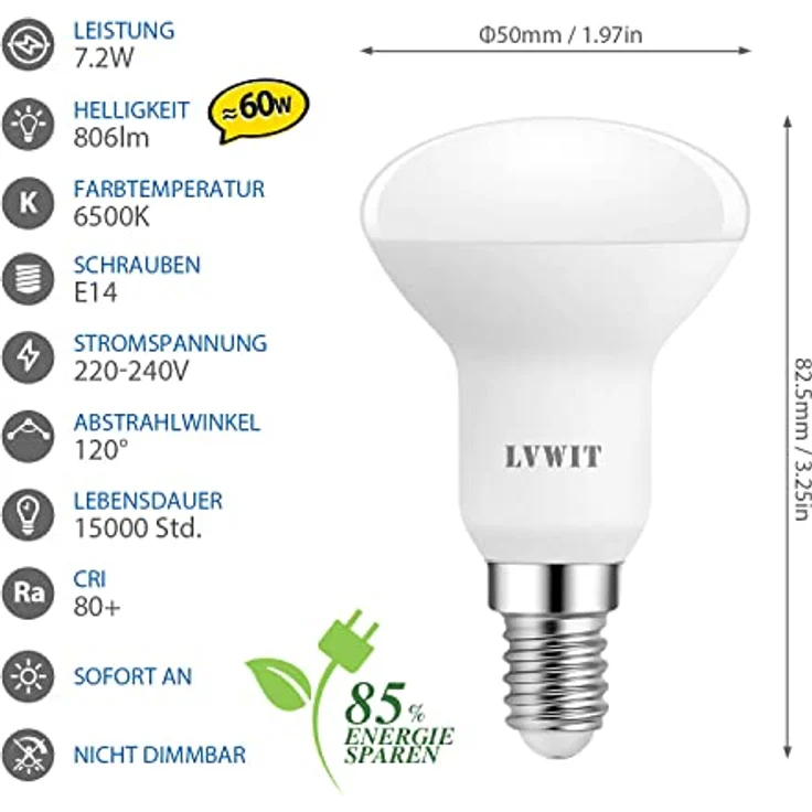 LVWIT E14 LED Lampe Kaltweiss 7.2W, Reflektorlampe 806 lm, 6500K, E14 LED Reflektor R50 Strahler ersetzt 60W Glühbrine, Nicht Dimmbar, 6er Pack – Bild 3