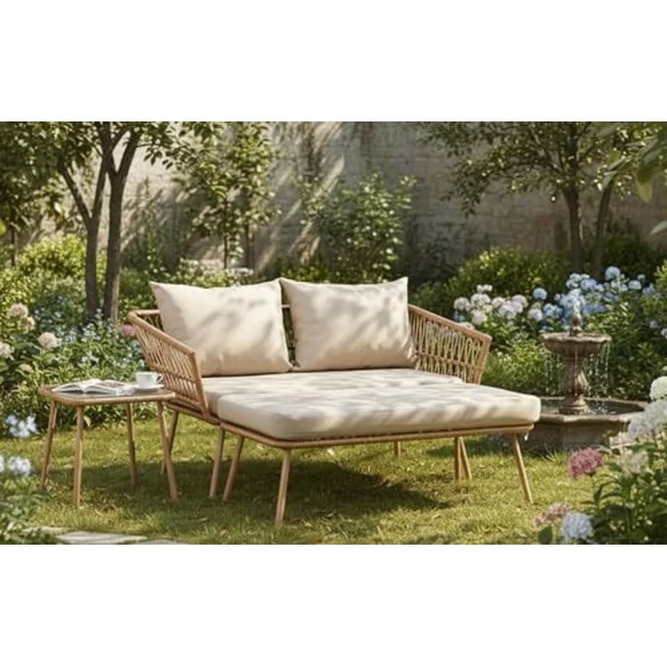 Wohnando Gartenliege Gartensofa "Maike" modernes Loungesofa, Rattan, 126x116x67cm (BxTxH), 1 St, mit Auflage und Kissen grau beige, Gartensonnenliege, Gartenmöbel – Bild 4