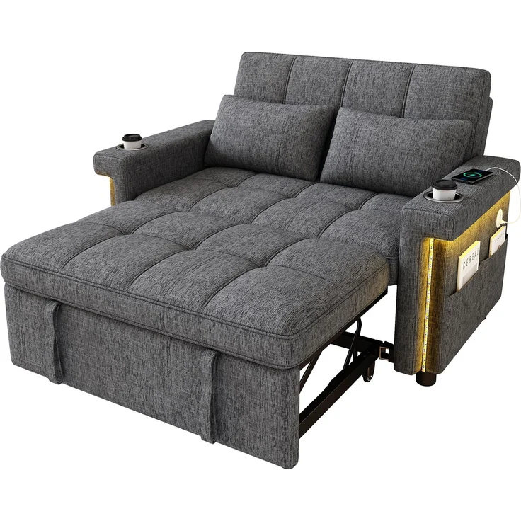 Merax 2-Sitzer Sofa, Schlafsofa mit Schlaffunktion, LED-Beleuchtung, USB/Type-C-Ladeanschluss, verstellbare Rückenlehne, Kissen, Getränkehalter, Seitentasche, Chenille Stoff, Grau – Bild 10