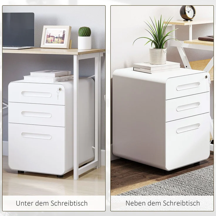 Rollcontainer mit 3 Schubladen mobiler Aktenschrank mit Rollen abschließbar Büroschrank mit Hängeregistratur Stiftfach, Bürocontainer Schreibtisch Unterschrank für Büro 39x48x59cm Weiß--Weiß--59x48x39cm--YOUDENOVA – Bild 8