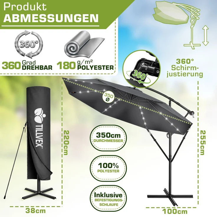 tillvex Alu Ampelschirm Anthrazit LED Solar Ø 350 cm mit Kurbel | Sonnenschirm mit An-/Ausschalter | Gartenschirm UV-Schutz Aluminium | Kurbelschirm mit Ständer Marktschirm wasserdicht – Bild 2