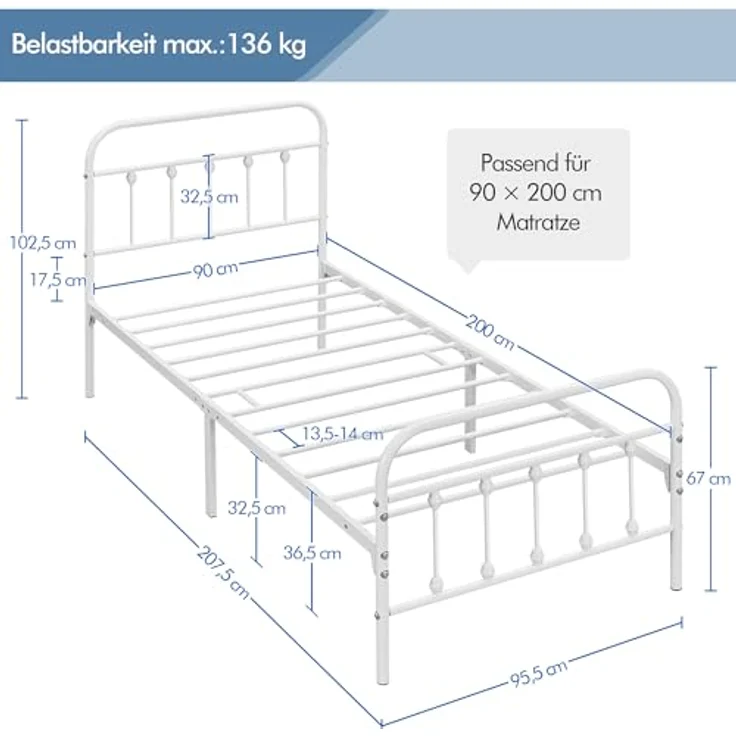 Yaheetech Bettrahmen Vintage Stil 90x200 cm Metallbett Bettgestell aus Metall mit Lattenrost, Modern Gästebett Jugendbett, Weiß – Bild 3
