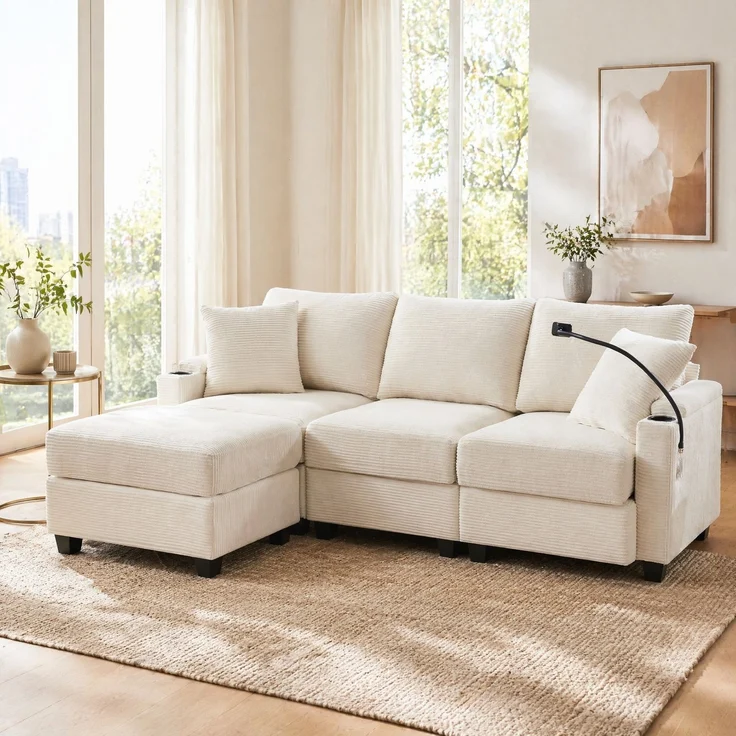 DESVIAE Sofa mit beweglichem Hocker und USB-Anschluss 213,5x87x139 cm Cord Beige – Bild 2