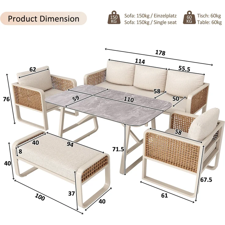 Merax Gartenlounge-Set für 6-7 Personen, PE-Rattan Sitzgruppe inkl. Beistelltisch, Gartensofa mit waschbaren Kissen, Beige – Bild 4