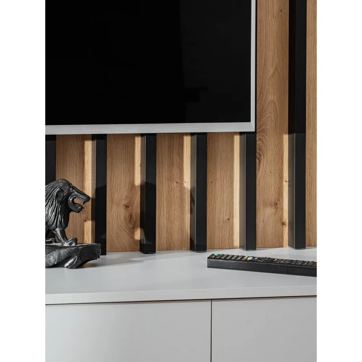 Wohnwand Verti mit Beleuchtung in Perla Gray und Artrisan mit Lamellenplatte 220 x 148 x 35 cm 3-teilig – Bild 11