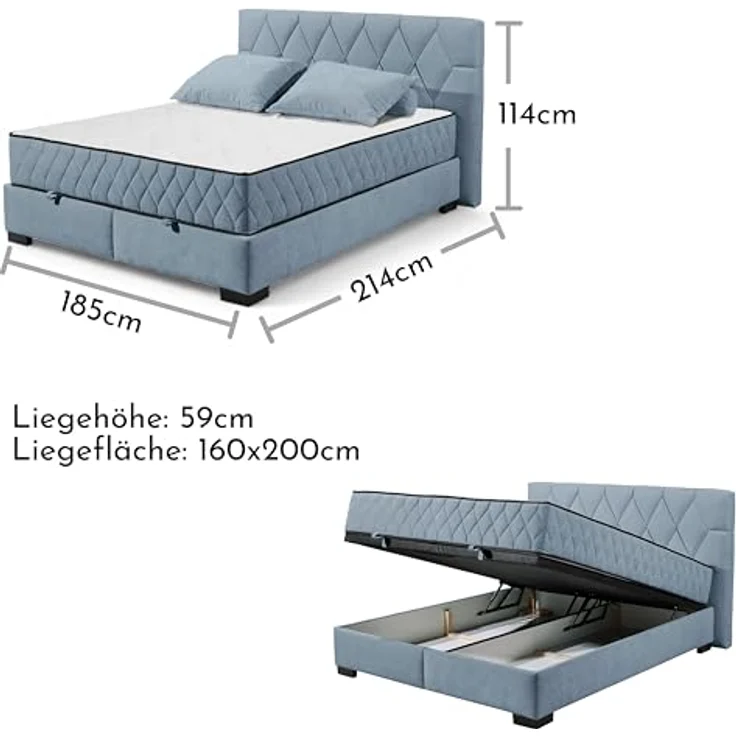 NAGOL B Boxbett 160x200, Denim - Bequemes Doppelbett mit Bettkasten und Premium 9-Zonen-Federkern Wendematratze - 185 x 114 x 214 cm (B/H/T) – Bild 4