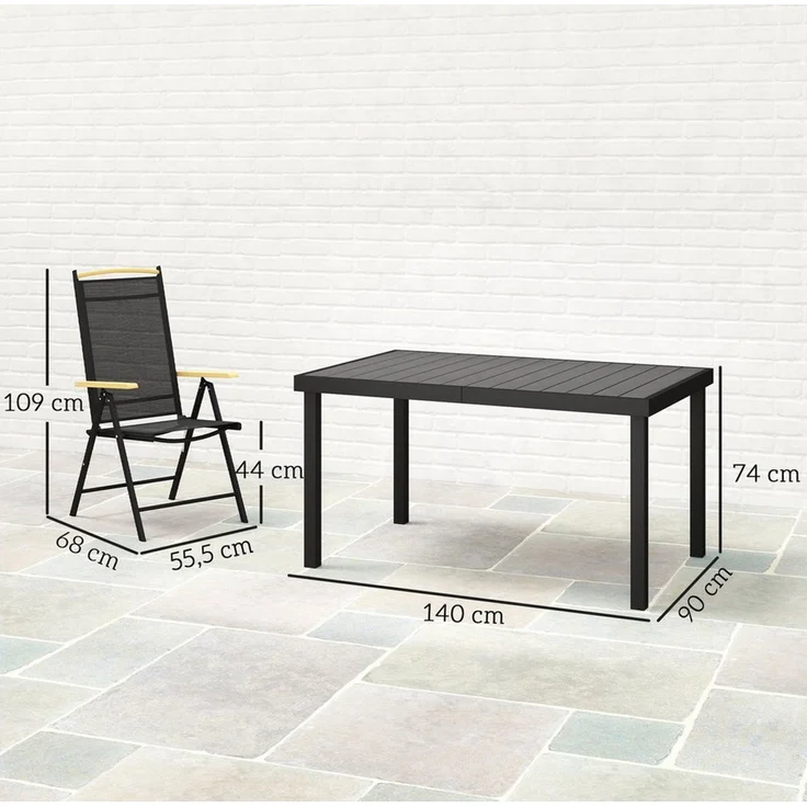 Outsunny Garten-Essgruppe Sitzgruppe klappbar 7tlg. 1 Tisch+6 Stühle Gartenmöbel Set, (Balkonmöbel, 7-tlg, Balkonset), Schwarz 140L x 90B x 74H cm – Bild 2