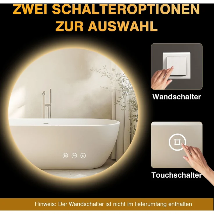 PESENXAN LED Badezimmerspiegel 70 cm, runder Wandspiegel mit Beleuchtung, 3 Lichtfarben, dimmbar, Touch-Schalter, Anti-Beschlag, Memory-Funktion, IP44, Schwarz – Bild 4