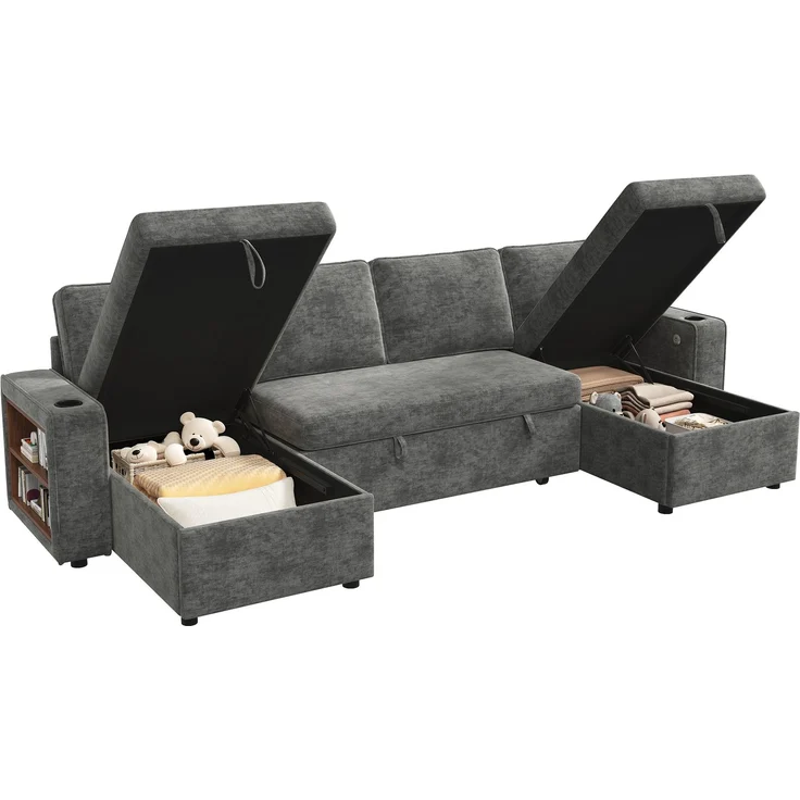 ZUBALIYA Schlafsofa, mit Stauraum, mit USB-C-Anschluss, mit Schlaffunktion, modular kombinierbar, mit Getränkehaltern, H 86 × T 270 × B 125 cm, Grau, Chenille – Bild 15