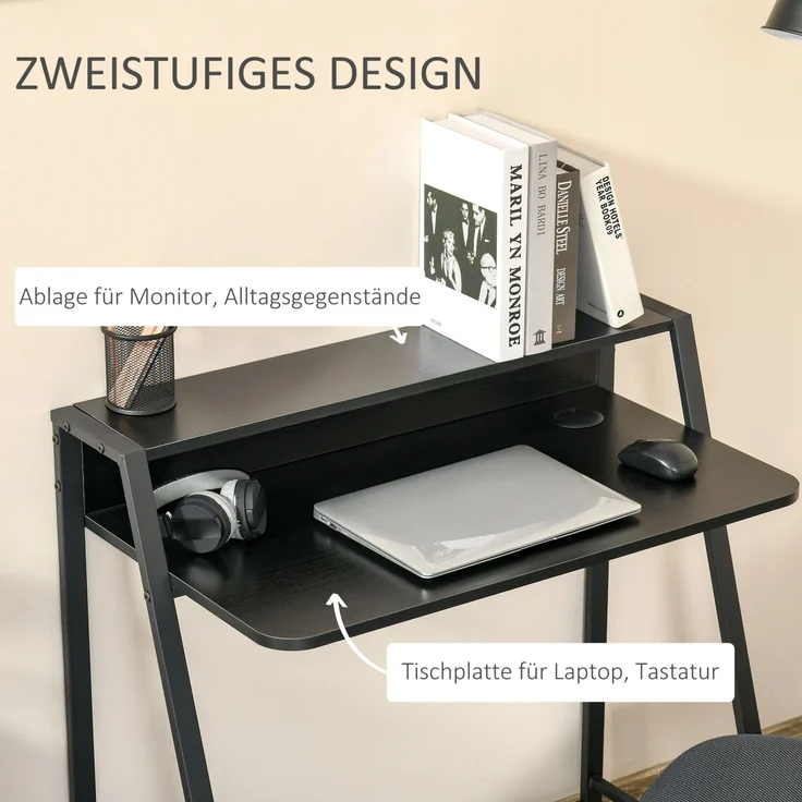Schreibtisch aus MDF mit Ablage und Kabeldurchlass, 84x45x85 cm, Schwarz – Bild 4