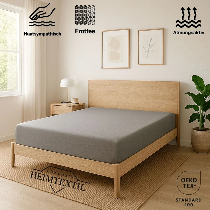 EXKLUSIV HEIMTEXTIL Frottee Spannbettlaken 140 - 160 x 200 cm Silber 80% Baumwolle 20% Polyester Öko - Tex Zertifiziert Bed-Sheet Bettlaken Spannbetttuch Topper Leinentuch – Bild 2