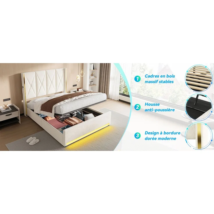 TavilaEcon Boxspringbett Veloursbett mit hohem Kopfteil, Seitentaschen & USB beige Liegefläche 160 × 200 cm – Bild 2